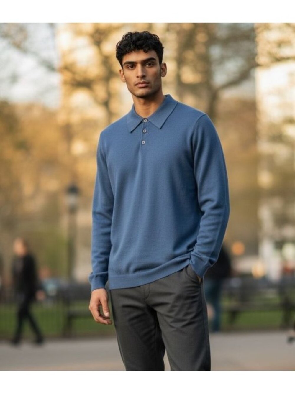 Paul Fredrick Mens S Polo Sweater Silk Cashmere Blue Long-Sleeve Collar 1990's